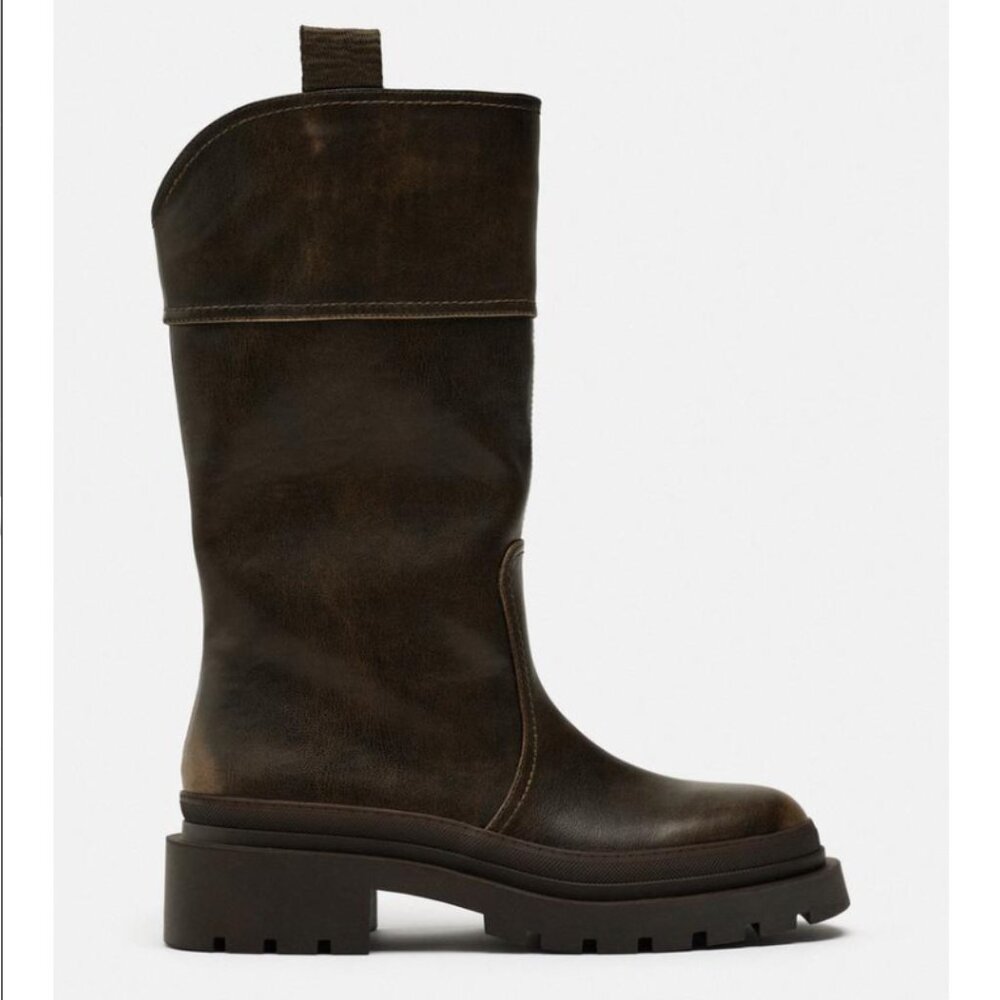 ZARA Low Heeled Rubber Soled Boots - BROWN, 9M